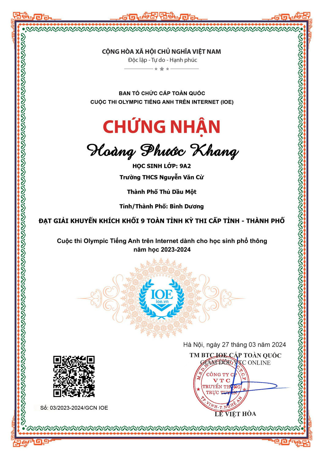 Giai KK cấp tỉnh Vòng Tỉnh Phước Khang 9A2