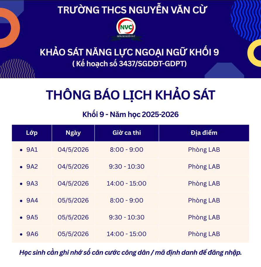 Thông báo lịch khảo sát năng lực ngoại ngữ khối 9 năm học 2025 - 2026